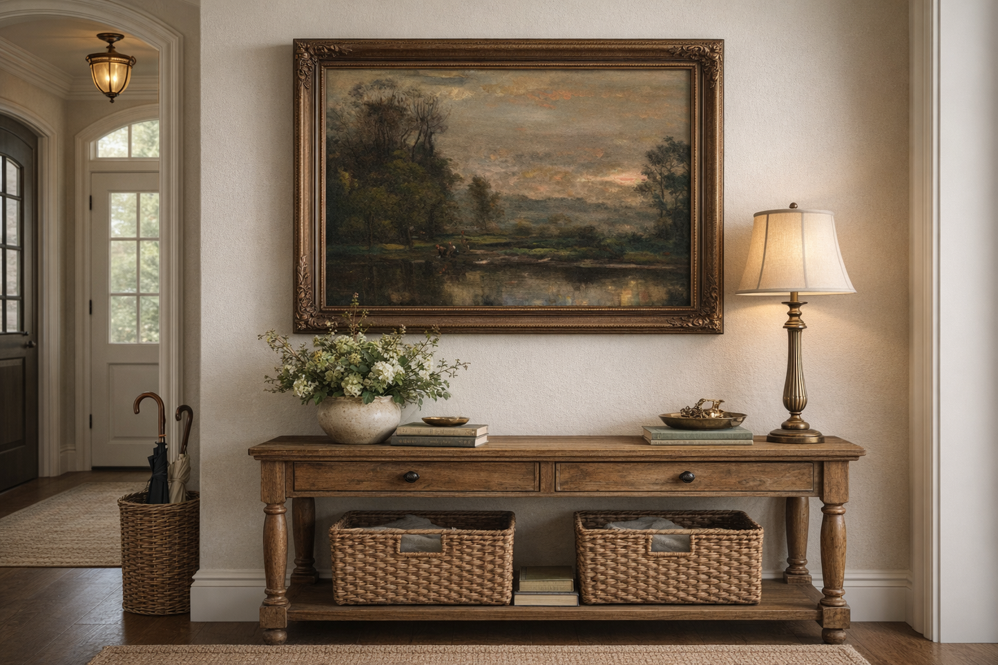 canvas print shown in a antique frame, ducks on pond